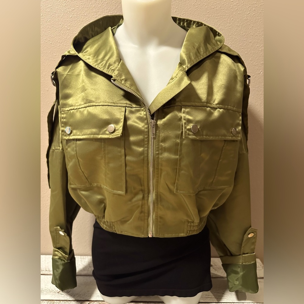 Pretty Little Thing Satin Oversized Hooded Pocket Bomber Jacket - NWT